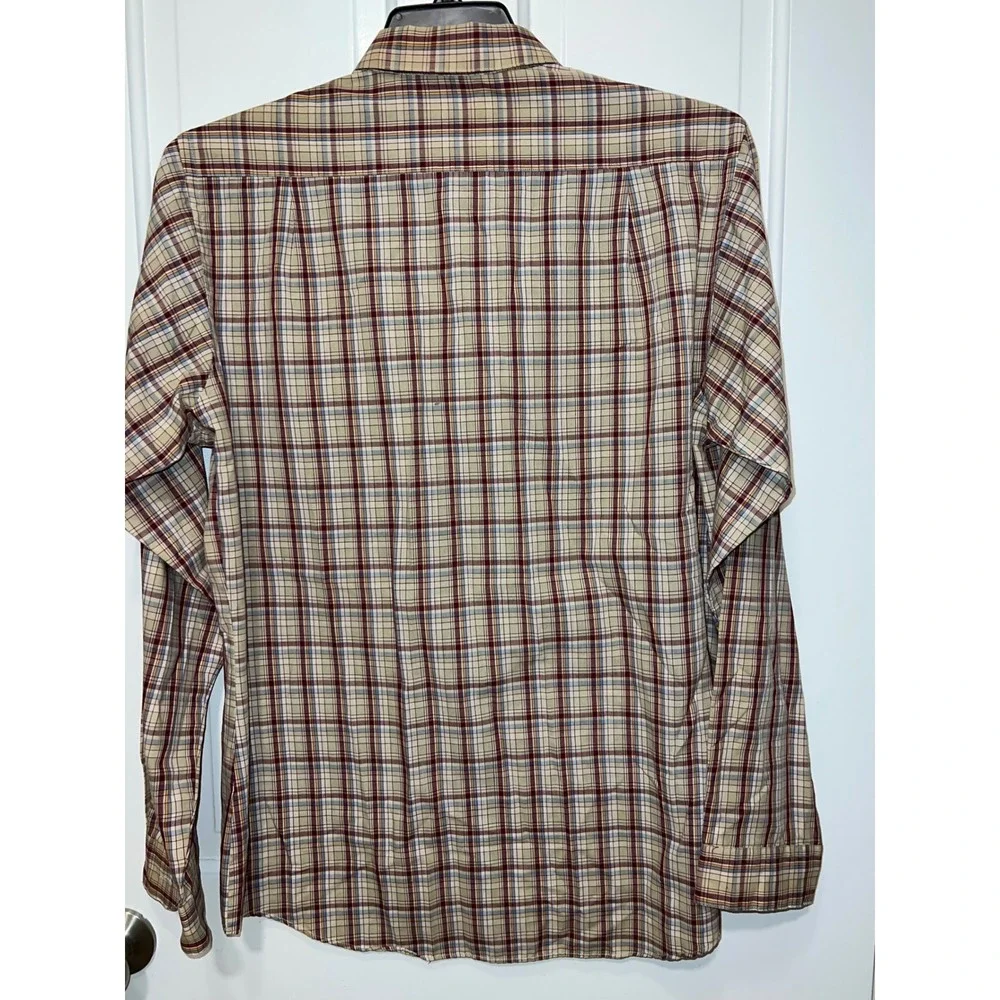 Vintage Levis Sportswear Mens Large Plaid Button Shirt Tan Burgundy Long Slv